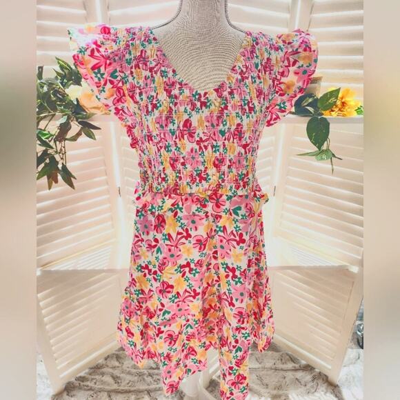 FLORAL NWOT MULTI COLOR PEPLUM RUFFLE CAP SLEEVE SMOCKED DRESS MULTIPLE … - Picture 2 of 7